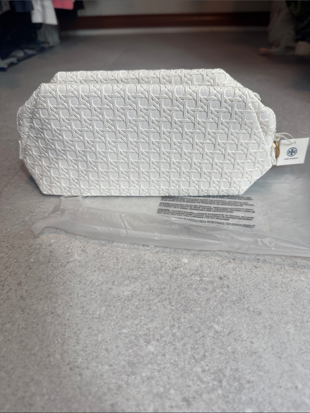 Tory Burch White Textured Zip Cosmetic Pouch